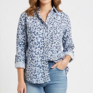Frank & Eileen Blue White Floral Cotton Lightweight Button Blouse Size Small